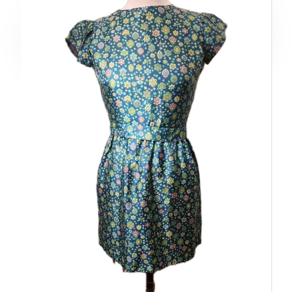 Vintage '73 One Of A Kind Hand Made Silk Cap Sleeve Floral Mini Dress Turqoise S